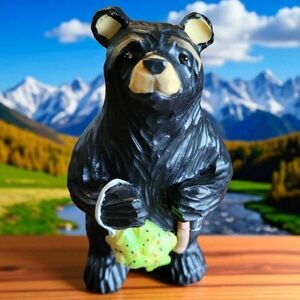 Vtg Black Bear Fisherman Fish Lipco Resin Figurine Statue Brown Eyebrows